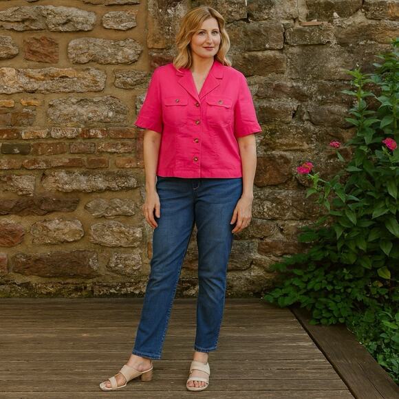 Chaps Jacket Womens Size XL Fuchsia Colorful Gold Button Front Collar 3/4 Sleeve - Picture 1 of 7